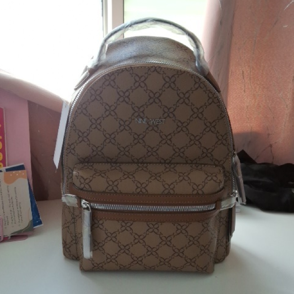 Nine West Tan Patterned Backpack with Silver Accents